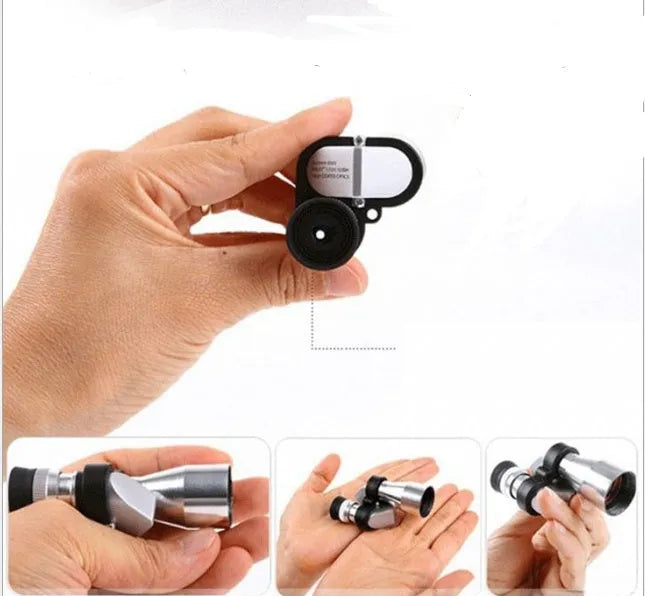 Compact aluminium alloy 8x20mm pocket monocular telescope with canvas bag and cleaning cloth.