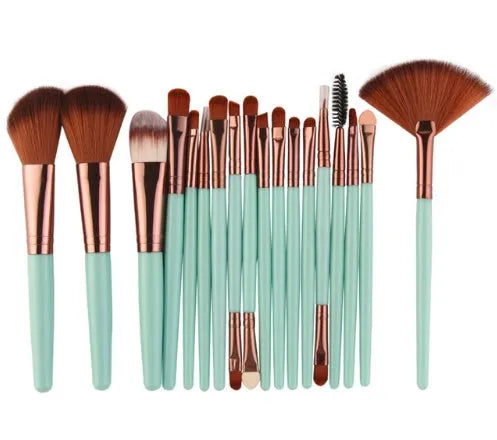 18-piece makeup brush set showing various brush shapes including fan tools for powder and contouring