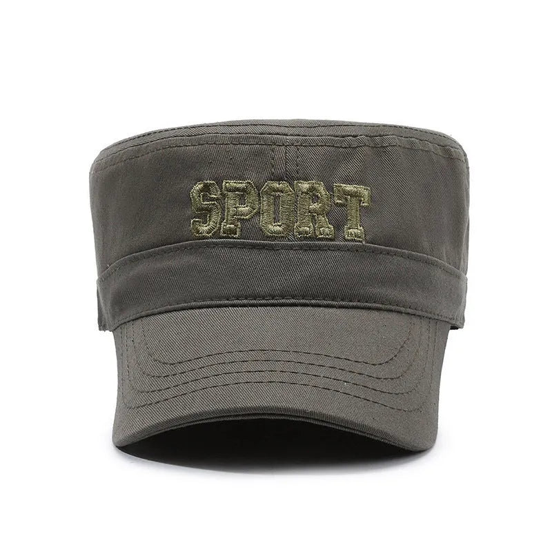 Men's adjustable flat-top cotton peaked cap in army green with an English letter print on the front.