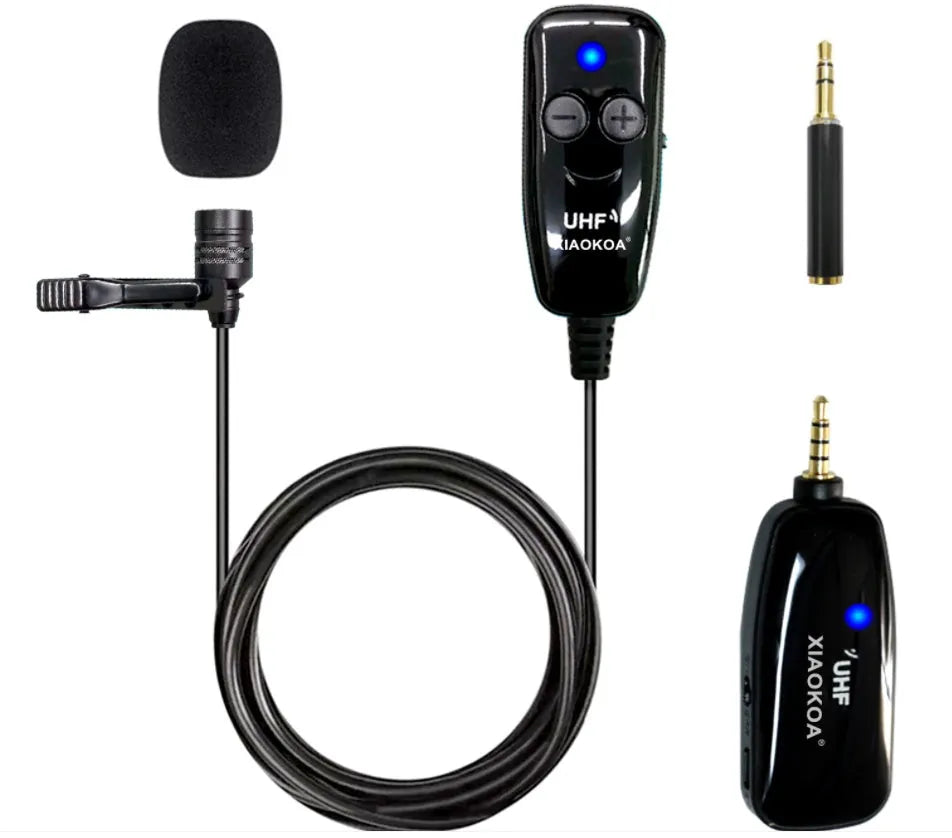 Black lavalier lapel microphone with 3.5mm plug for mobile phones on a clip.