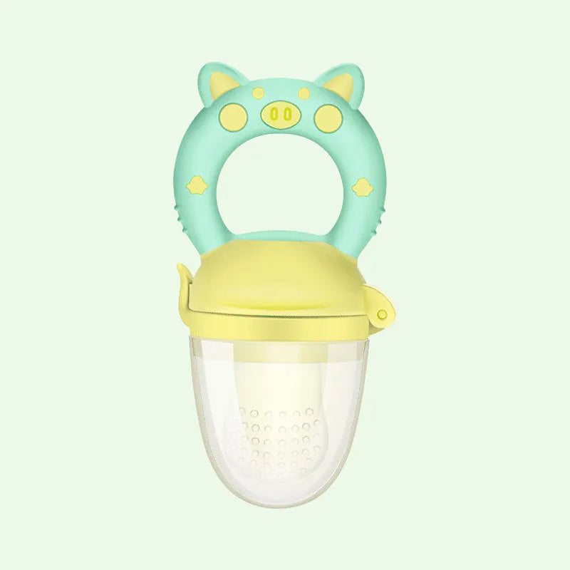 A blue silicone baby teether with a textured mouthpiece for chewing.