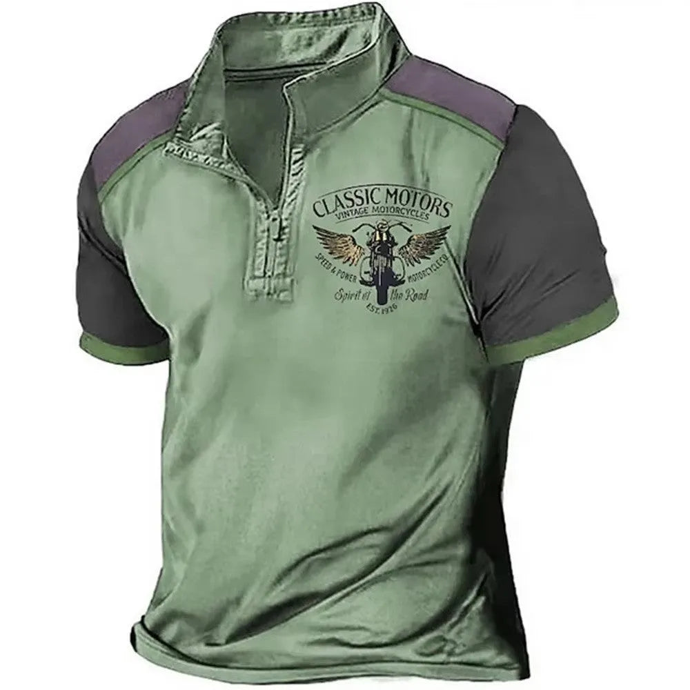 Loose-fit golf polo shirt with 3D digital print design in solid colour.