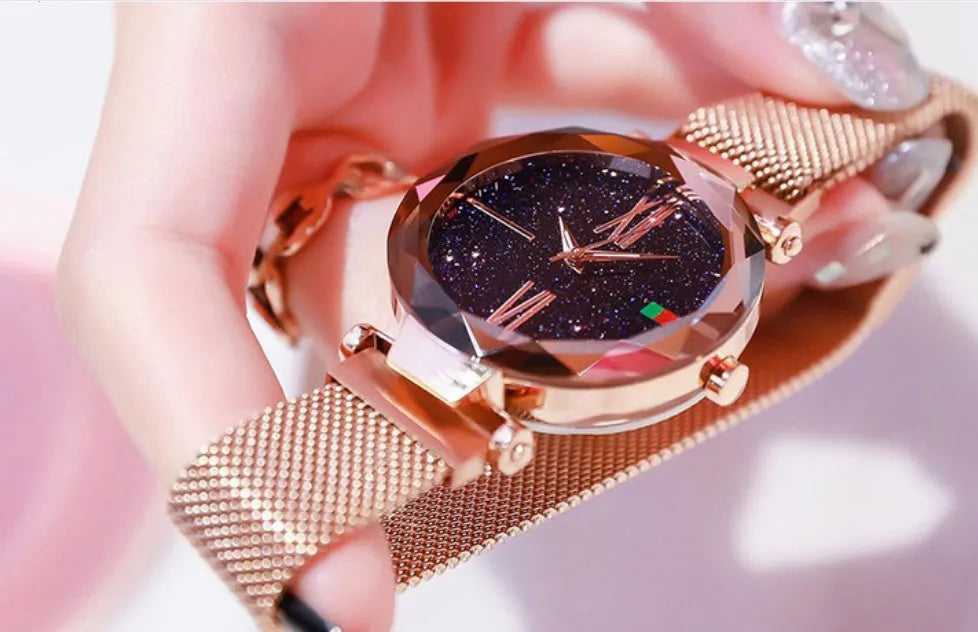 Starry Sky women's watch with magnetic mesh strap, 34mm alloy case, glass surface, diamond dial, available in multiple colours