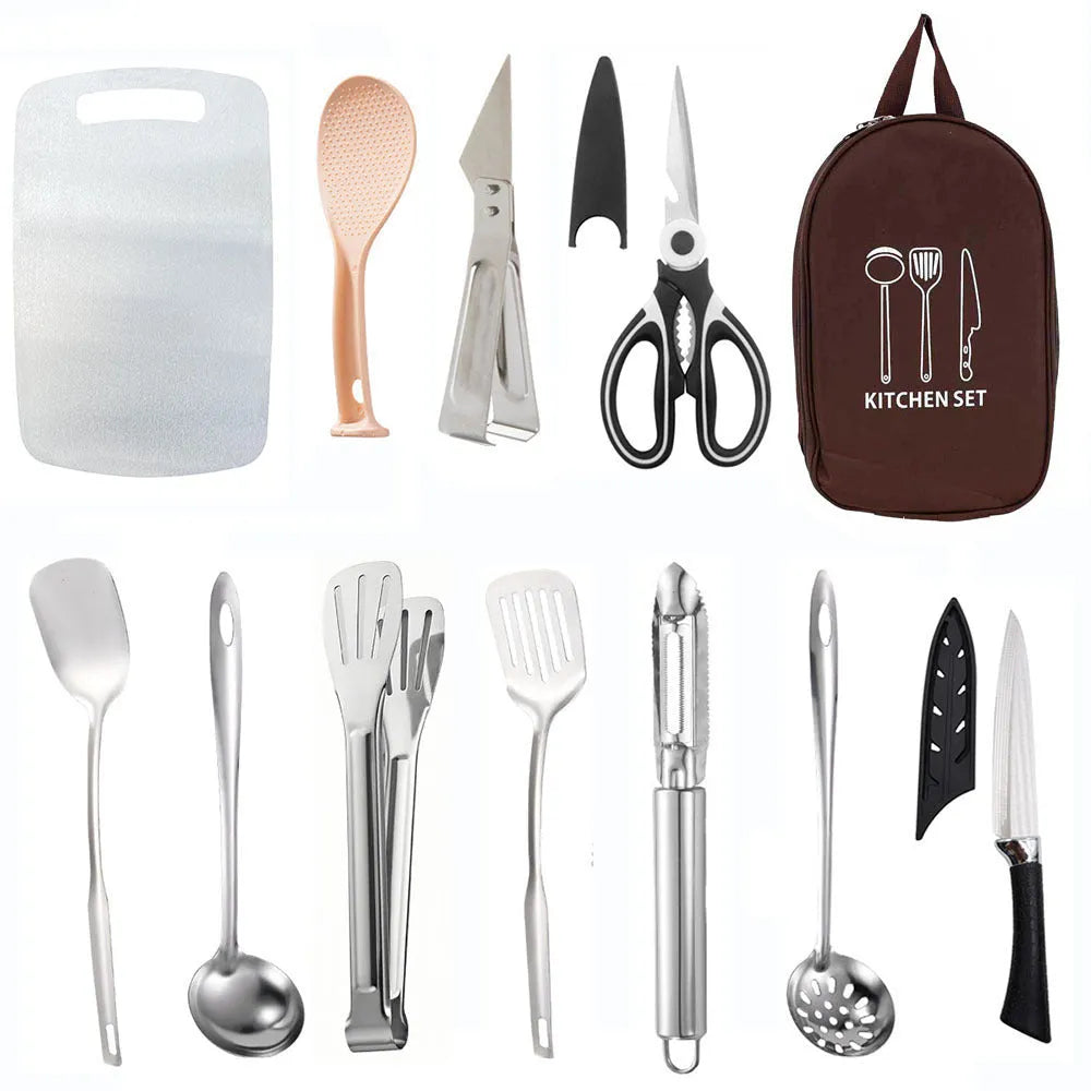 12-piece stainless steel camping kitchenware set in portable storage bag for outdoor cooking