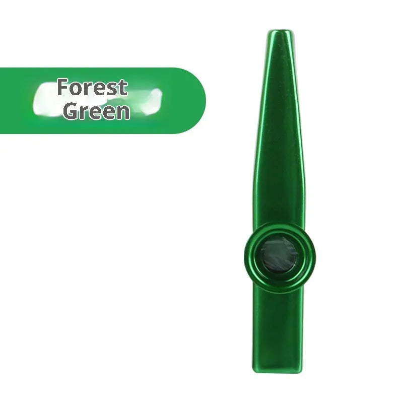 Metal kazoo in Flame Red with paper tube against a white background