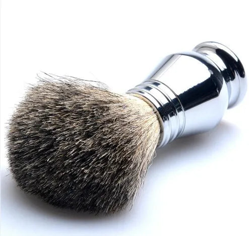 CSB men's shaving set with chrome stand, badger hair brush, double edge razor, zinc bowl, and blades in a black box.