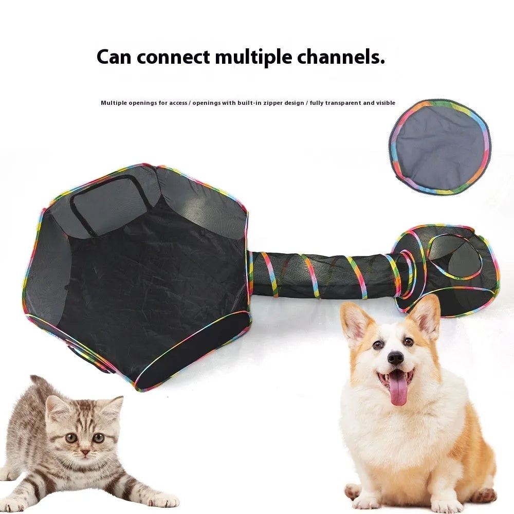 Foldable mesh cat cage in a hexagon shape, showing collapsible panels and breathable fabric.