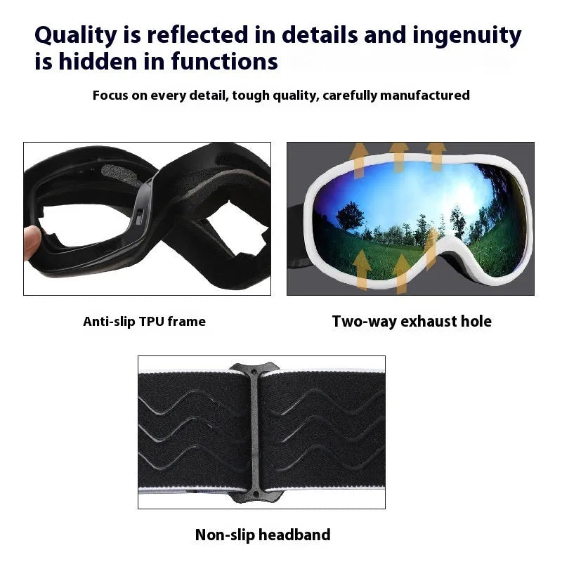 Men's and women's outdoor ski goggles with double layer TPU frame and anti-fog lens, 17cm x 9cm x 3.5cm, multiple colour options