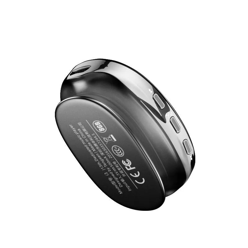 Blue Bluetooth MP4 music player with OLED screen showing track information.
