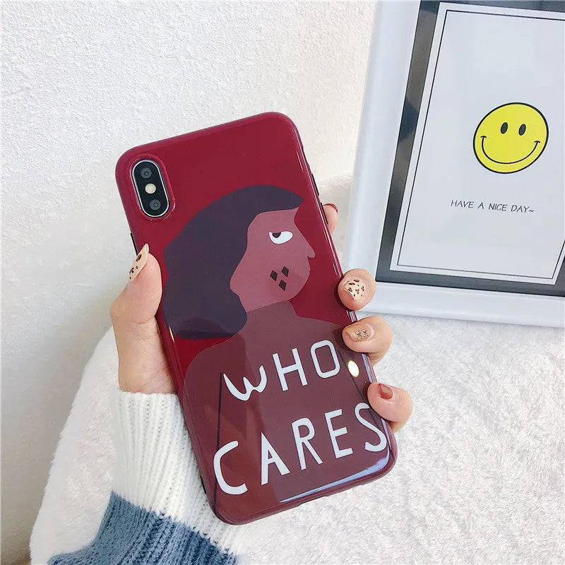 Wine red silicone phone case with brown girl illustration for iPhone models 6 to XS Max