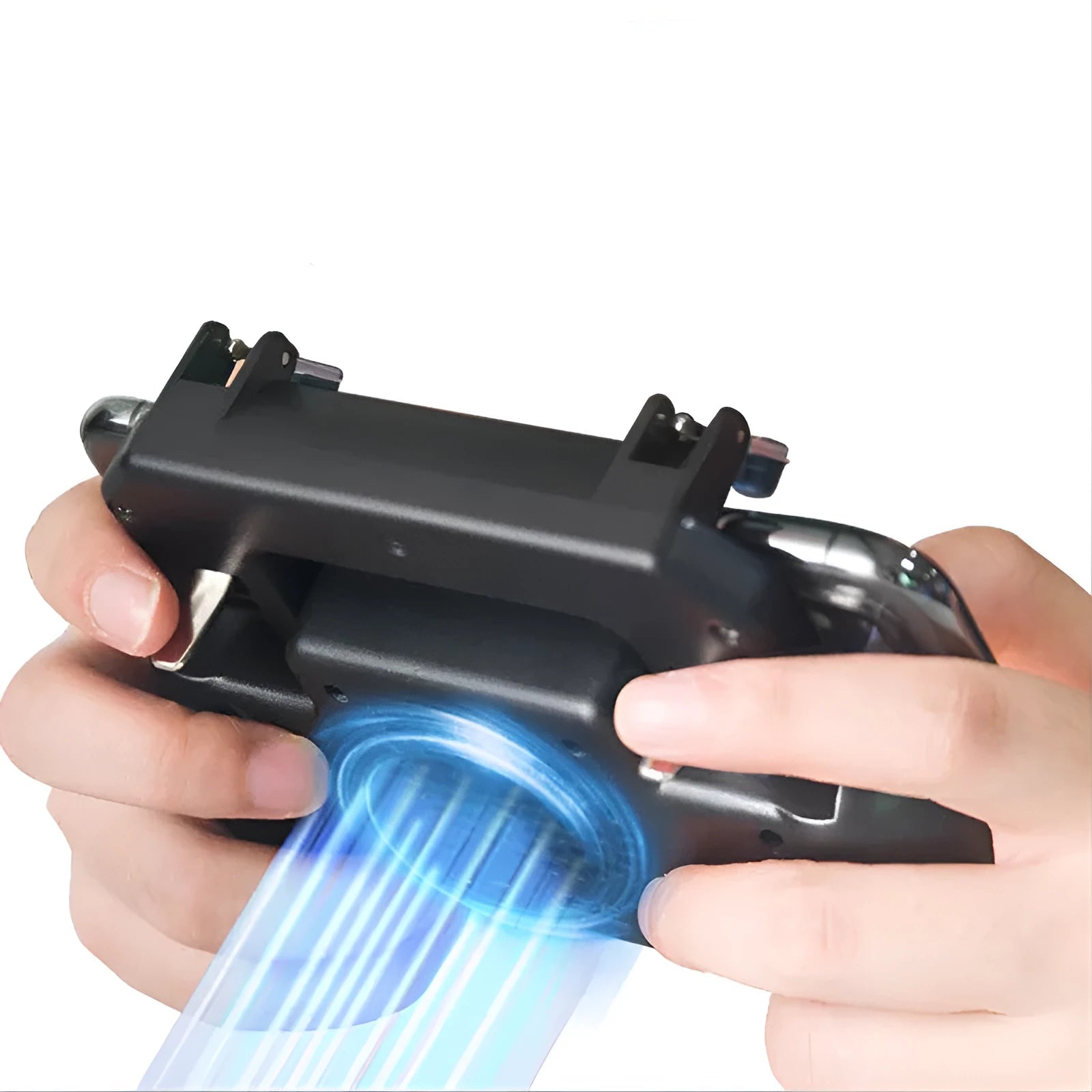 Black mobile game controller with USB connector, grip texture, and action buttons on a smartphone.