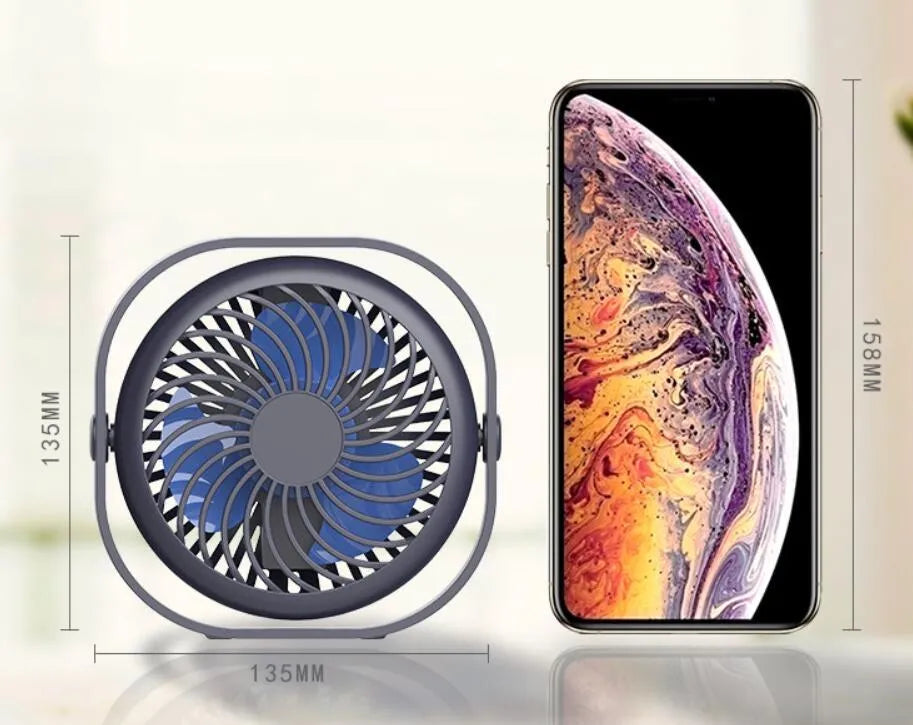 USB desk fan with 360-degree rotation in modern alarm clock design