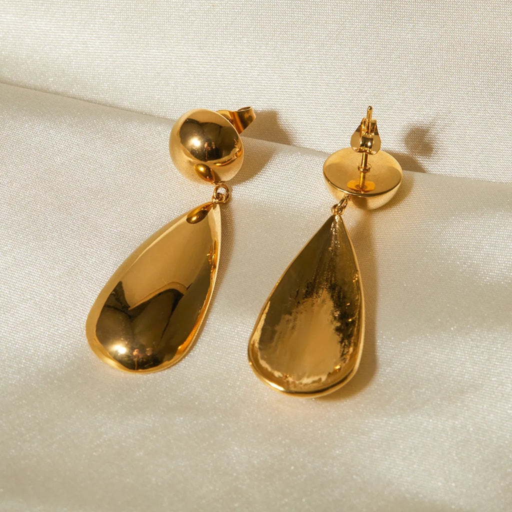 Gold electroplated stainless steel water drop earrings with geometric hemisphere design