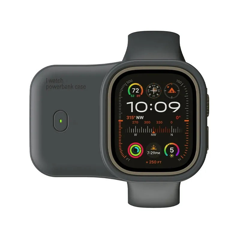 Apple Watch portable charging case power bank in brown, midnight blue, or starlight colour with silicone protection case.