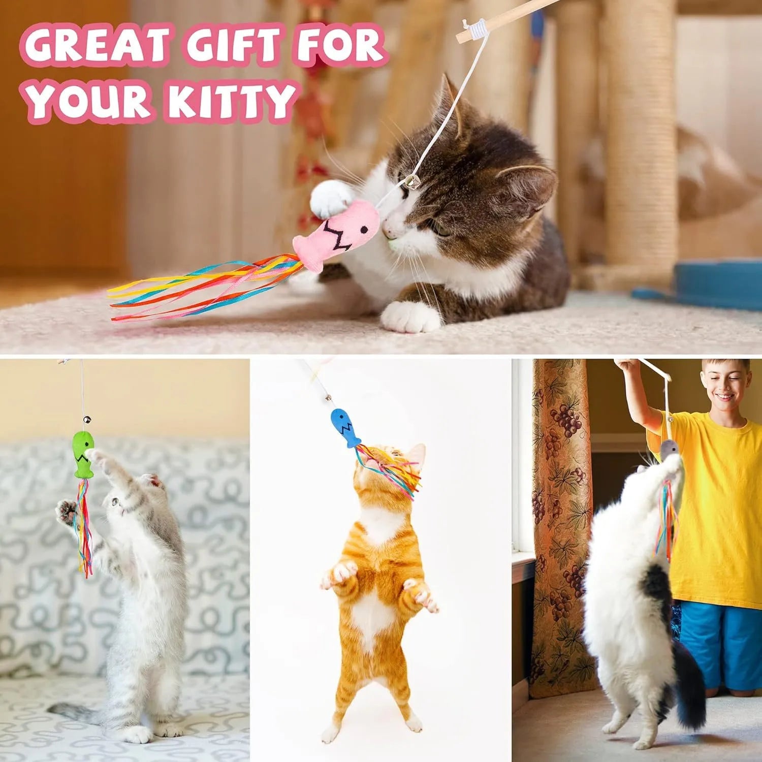 Colourful cat wand toy with ribbons, catnip fish, and bell on wooden handle