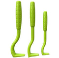 Set of three blue plastic tick removal hooks for dogs and cats on a white background.