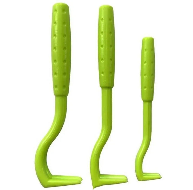 Set of three blue plastic tick removal hooks for dogs and cats on a white background.