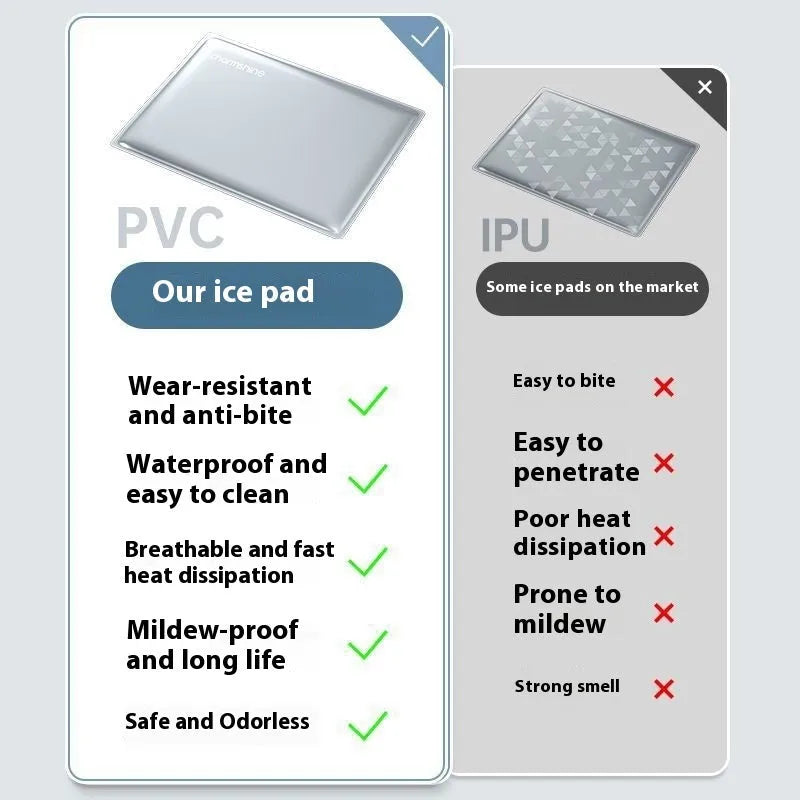 Dog cooling gel mat in sizes 30x40cm, 40x50cm, 50x60cm, and 60x90cm for small to large dogs