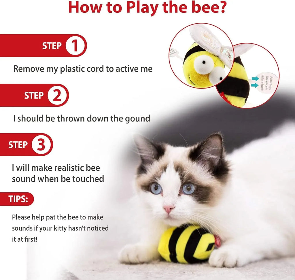 Yellow bee-shaped electronic cat toy with motion-activated chirping sounds for indoor play