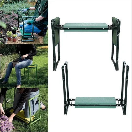 Foldable green garden kneeling bench with metal frame and two side pouches on lawn