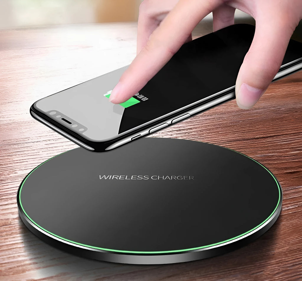 Black on black ultra-thin wireless fast charger with 98mm diameter aluminium construction