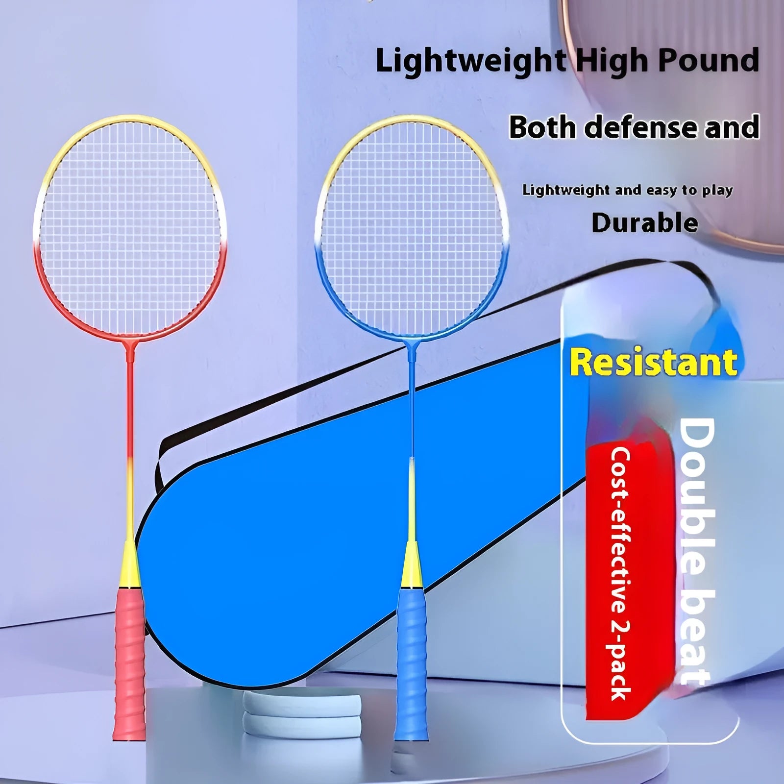 Ultra-light alloy badminton racket set showing blue and red rackets for recreational play