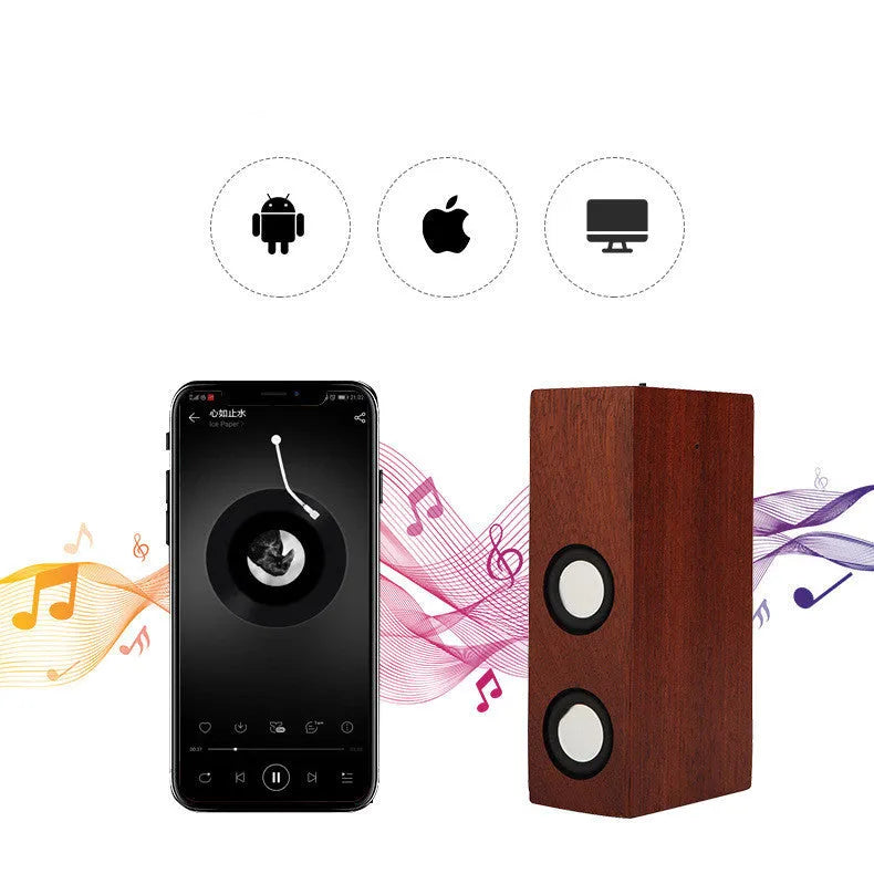 Retro wooden Bluetooth speaker in bamboo, black walnut or sapele wood finish showing USB port