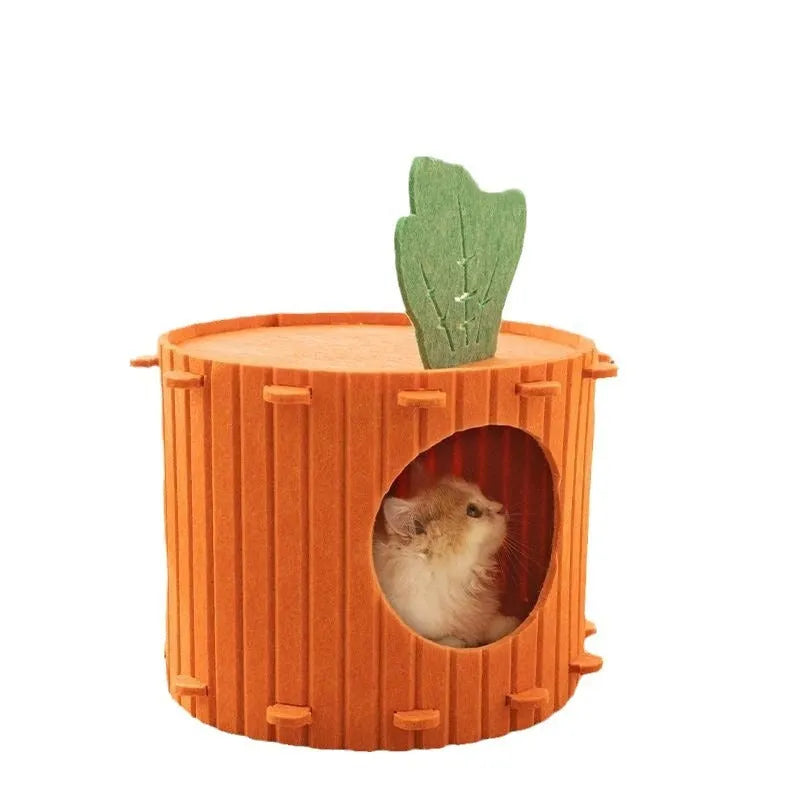 A soft grey felt cat tunnel nest shaped like a carrot, shown in a semi-enclosed tunnel design.