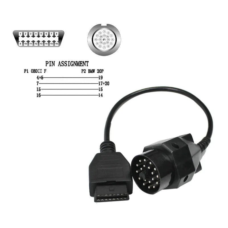 BMW OBD2 adapter cable with 20-pin and 16-pin connectors for vehicle diagnostics.