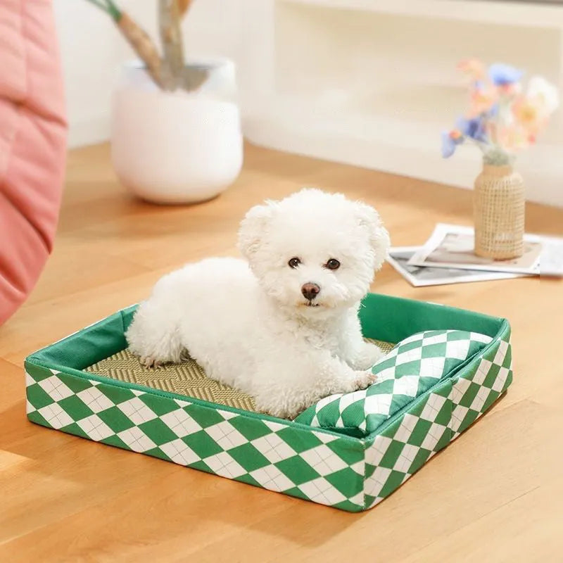 Blue woven rattan cat litter mat and bed in a medium size on a wooden floor.