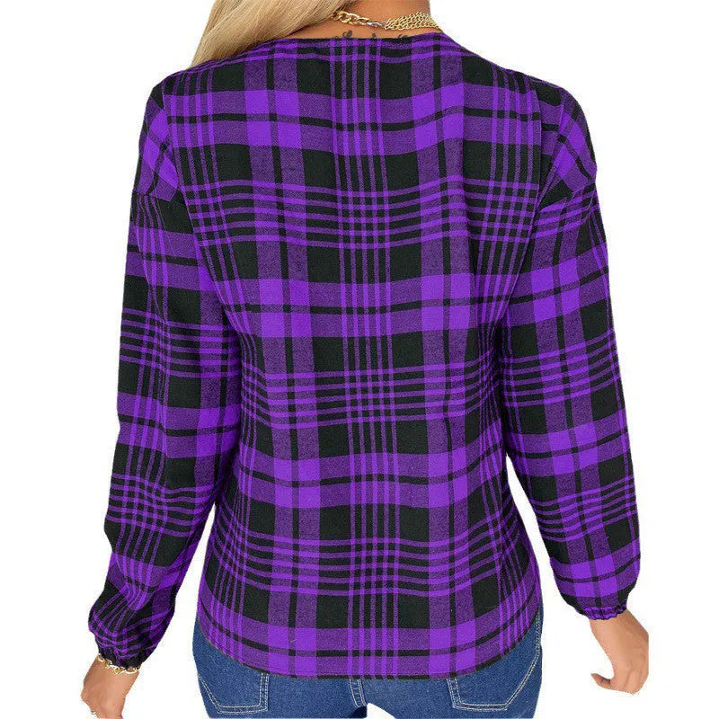 Women's purple, grey, and red plaid loose-fit casual shirt with regular sleeves.