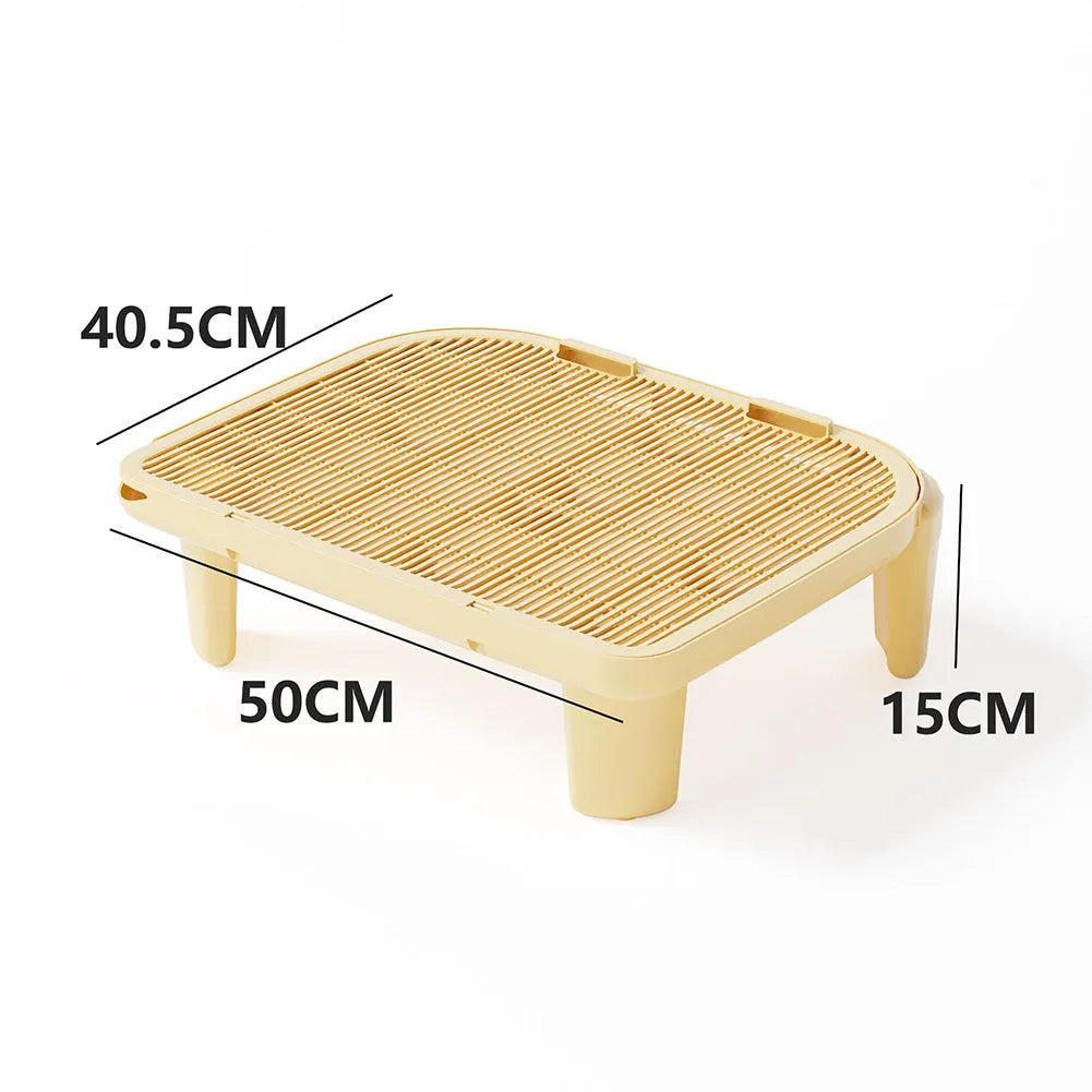 Milk yellow plastic cat litter mat with anti-slip silicone feet, dimensions 40cm by 40.5cm.