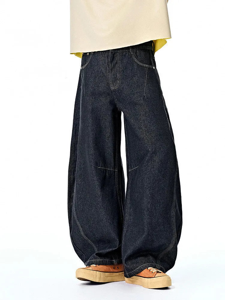 Men's wide leg denim trousers in original cow colour, mid waist design