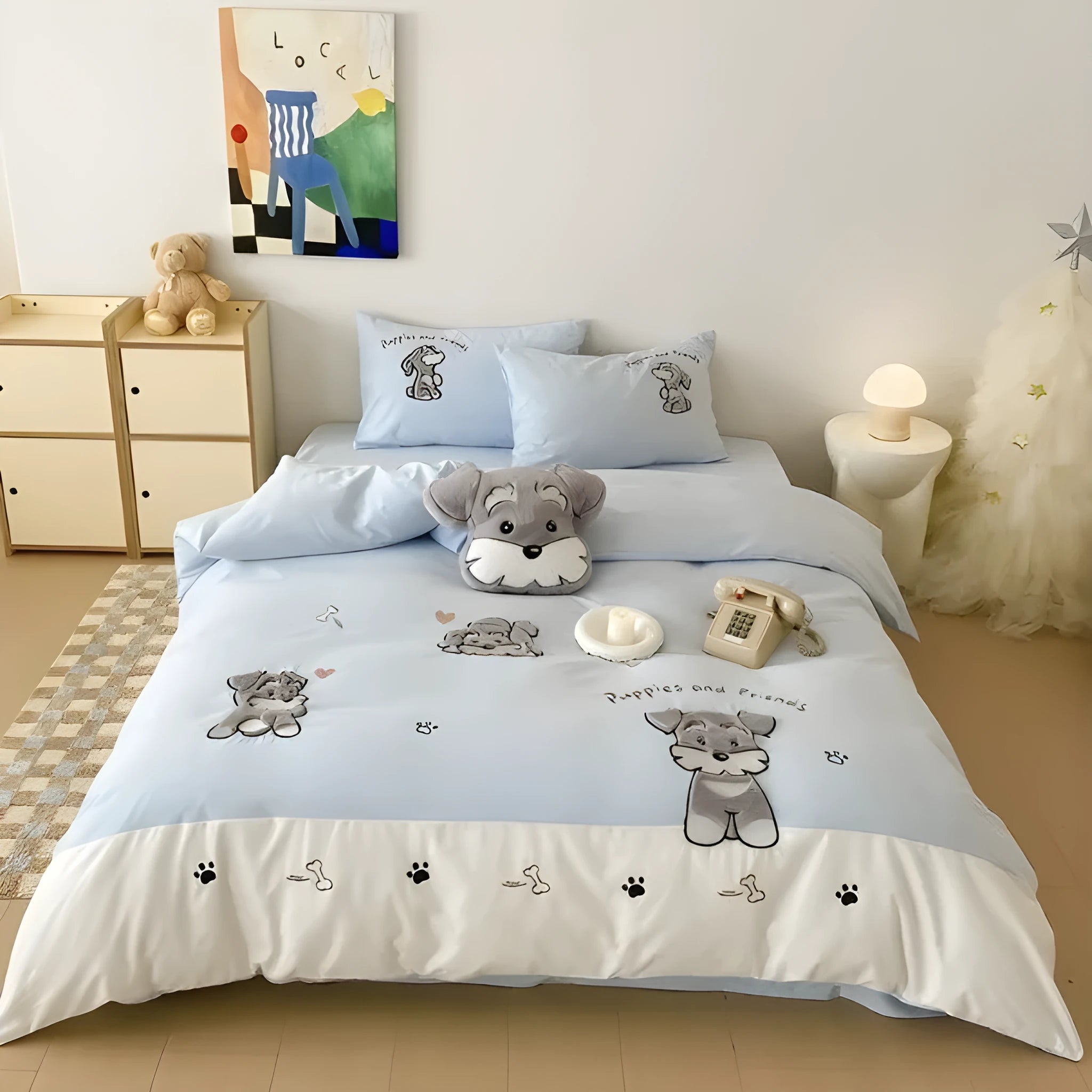 Cartoon Schnauzer embroidered cotton bedding set showing quilt cover, flat sheet and pillowcases