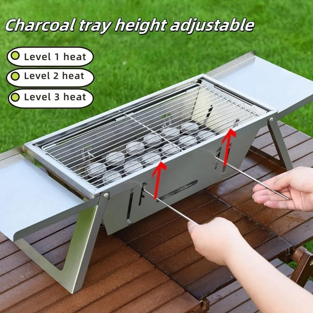 Small foldable portable charcoal grill with 34cm circular cooking surface collapsed for compact storage