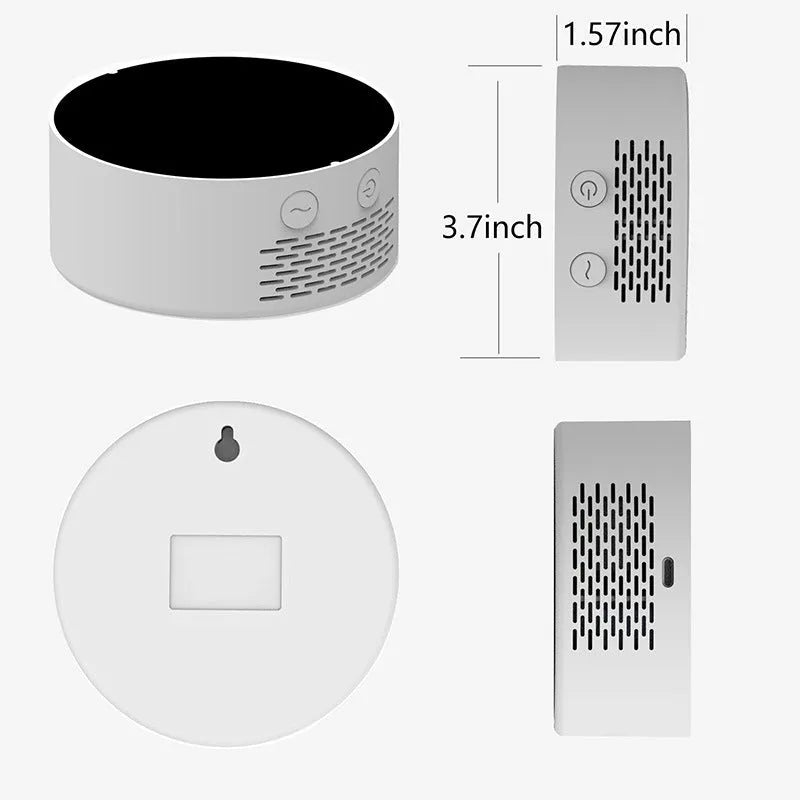 White air quality detector showing CO2, PM2.5, TVOC readings with compact 95x40mm design on desk