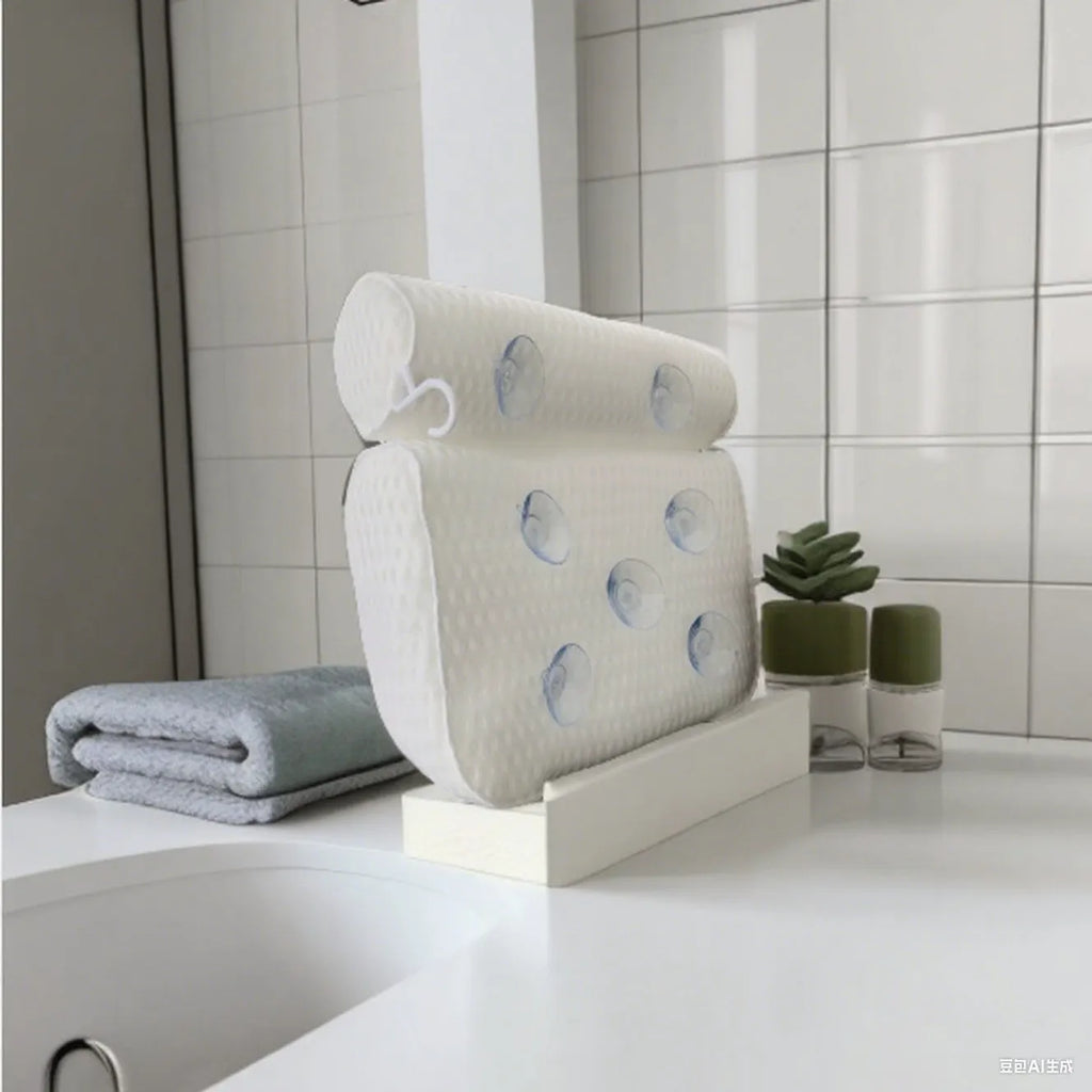 White bathtub pillow with 4D mesh fabric and multiple suction cups on a tub.