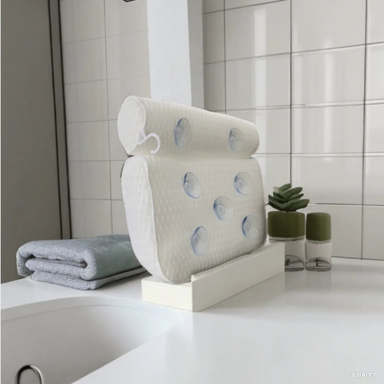 White bathtub pillow with 4D mesh fabric and multiple suction cups on a tub.