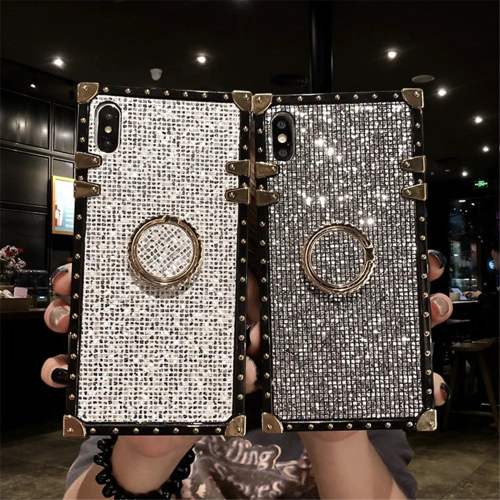 Square TPU mobile phone case with flash diamond bracket for iPhone