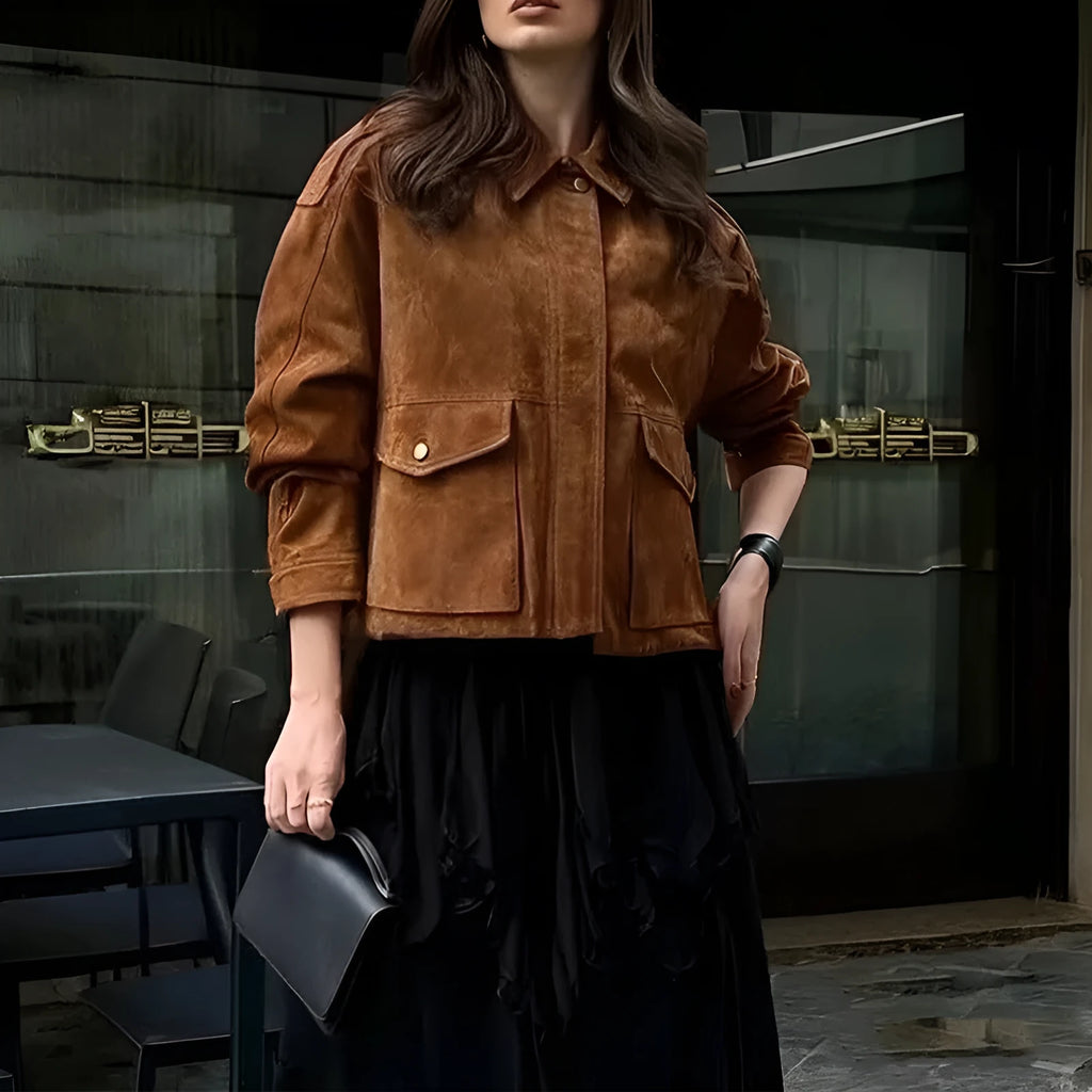 Women's brown suede coat with regular sleeves in street chic style