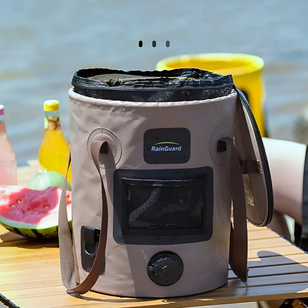 Folding fishing bucket in lemon yellow with optional mesh net pocket, showing 25-litre capacity and collapsed position
