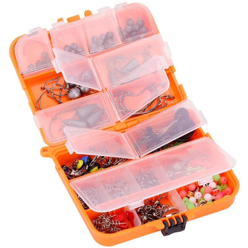 Orange or black ABS tackle box containing 257 fishing lure accessories including hooks, sinkers, and swivels