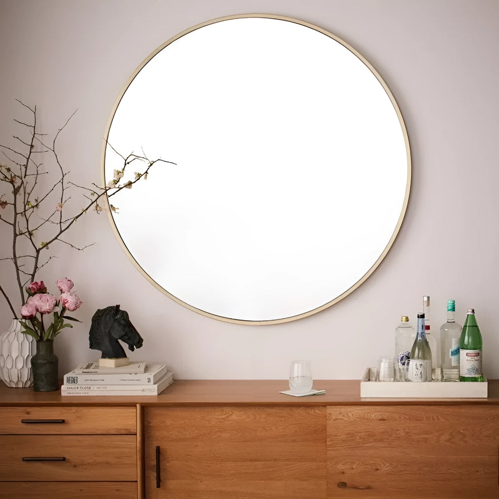 Round metal bathroom wall mirror in black 30cm diameter with iron frame