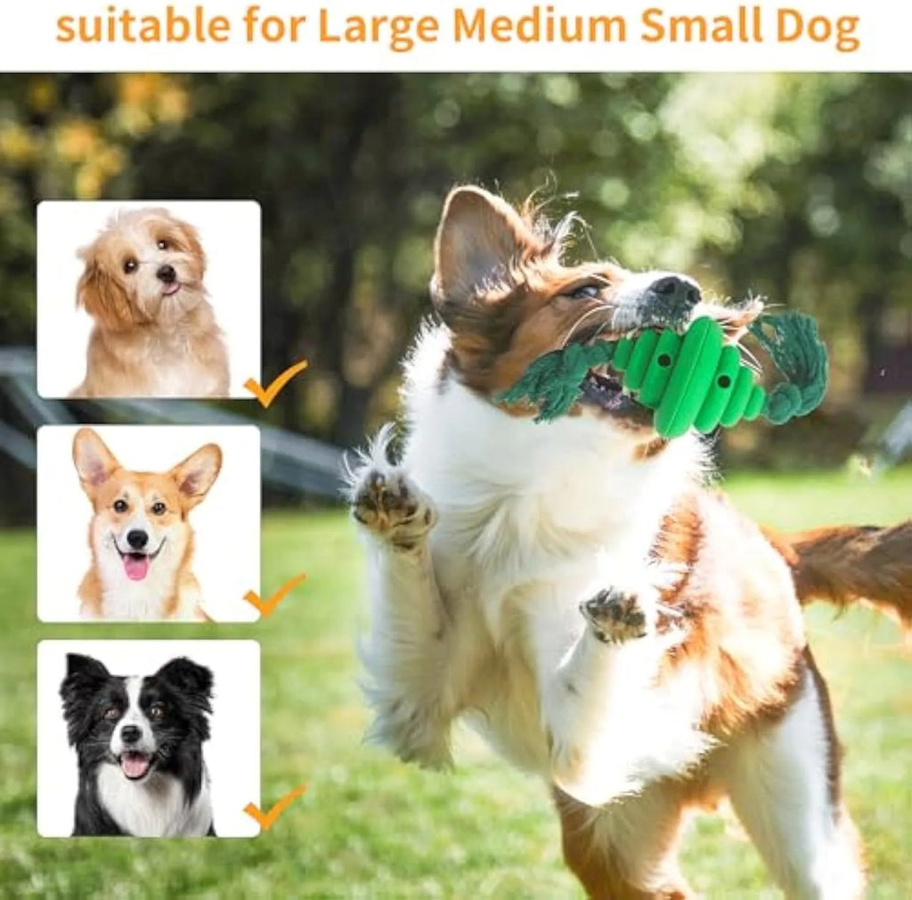Green and yellow split oval dog ball with attached rope, a treat-dispensing chew toy