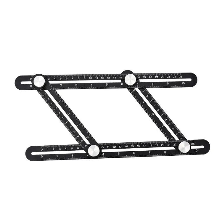 Aluminium alloy four-sided ruler template tool with sliding arms and tightening screws on a tiled work surface