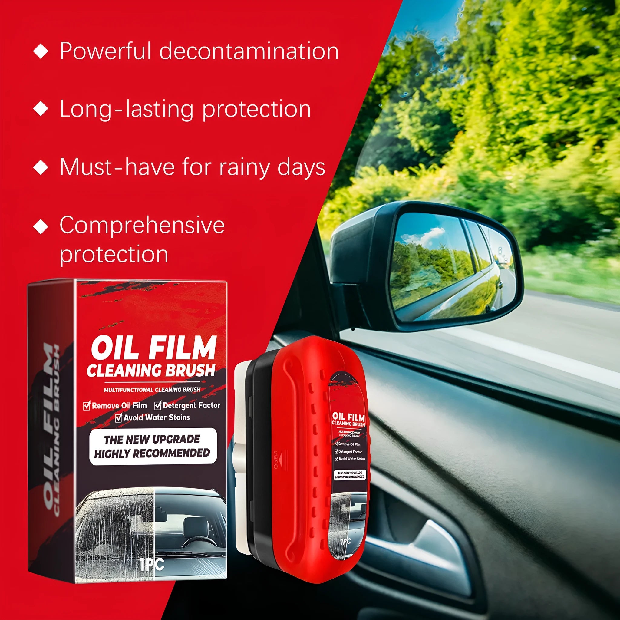 Car glass oil film cleaner with integrated liquid brush and reusable foam sprayer on a windshield
