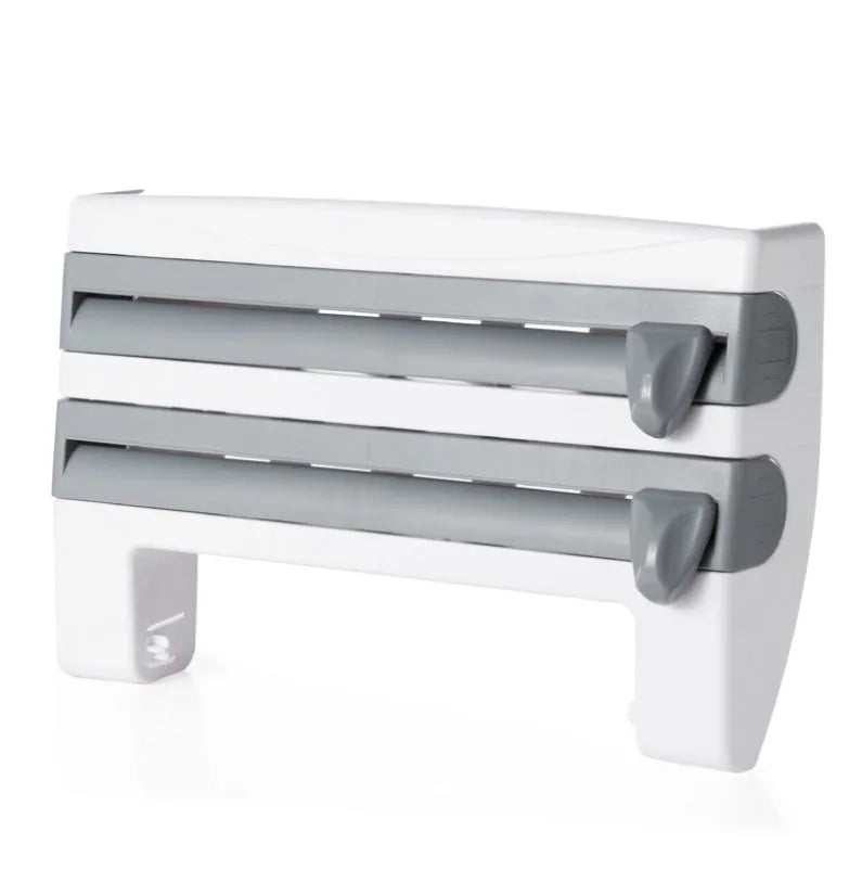 Multifunction wall-mount cling film storage rack with cutter and paper towel holder in a modern kitchen