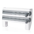 Multifunction wall-mount cling film storage rack with cutter and paper towel holder in a modern kitchen