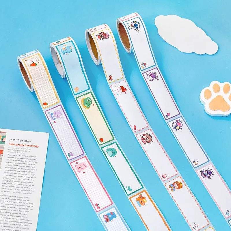 Roll of 60 cartoon name tape stickers showing dinosaur, astronaut, rabbit, and girl design options