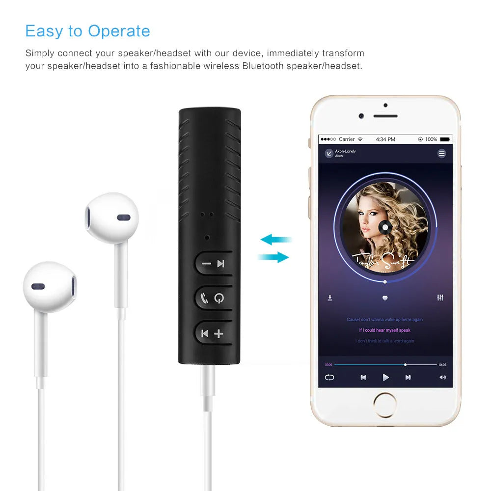 Black plastic Bluetooth audio receiver with 3.5mm plug and Mini USB port, size 1.4 x 1.5 x 5.8 cm